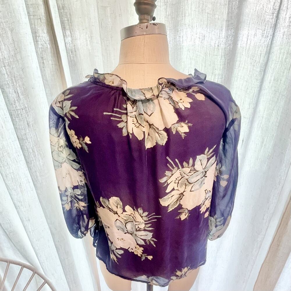 Anthropologie Leifsdottir Womens Silk Floral Blue Romantic Sheer Ruffle 4 Small - Picture 4 of 8